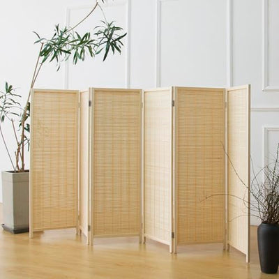 Furnnylane 6 Panel Short Room Divider Screen,Beige Freestanding Partition,Small Bamboo Panel Divider for Room Seperation,3.95 FT Tall
