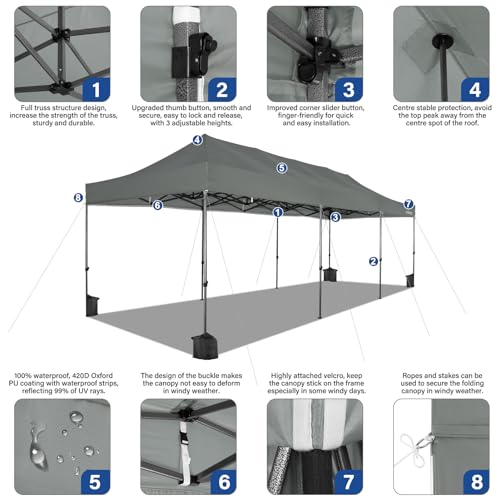 Tooluck 10x30 Pop up Heavy Duty Canopy with 8 sidewalls, Waterproof Commercial Pop up Party Tent Canopy,Outdoor Tents for Wedding Parties, 3 heigh Adjustable Gazebo with Wheeled Bag,Grey Tooluck