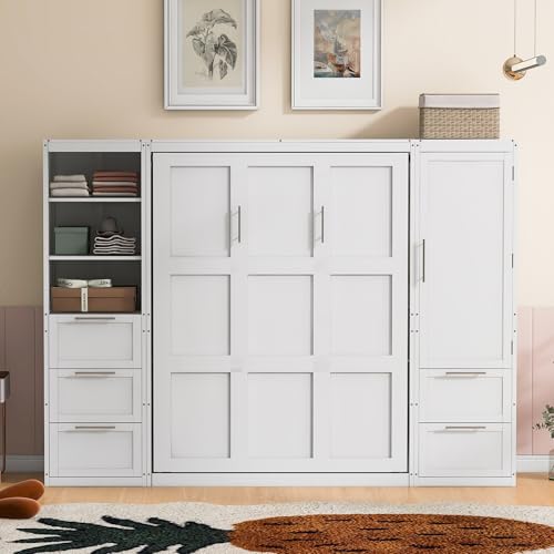 Quarte Modern Queen Size Murphy Bed with Closet, Drawers and Shelves, Cabinet Bed Folding Wall Bed for Guest Room, Office (White@1) Quarte