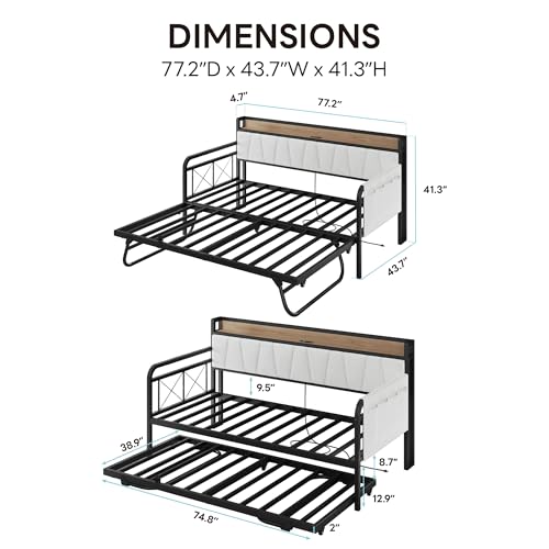 LIKIMIO Daybed with Trundle Bed, Twin Bed Frame with Storage Headboard and Charging Station, Sofa Day Bed with Strong Supports for Living Room, Bedroom, and Guest Room, Cream LIKIMIO