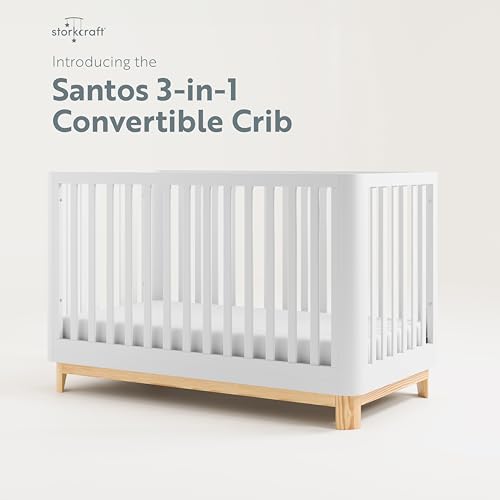 Storkcraft Santos 3-in-1 Convertible Crib (White with Natural) – GREENGUARD Gold Certified, Fits Standard Crib Mattress, Converts to Toddler Bed, Storkcraft