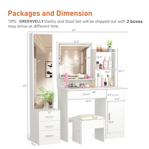 Greenvelly Makeup Vanity with lights and 2 Mirror, White Vanity Table with 3 Lighting Modes and Stool Set, Large Dressing Table with Drawers, Vanity Desk for Women and Girl Greenvelly