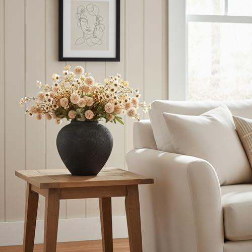 Black Large Round Vase Pottery Look for Home Decor, Arina Black Rustic Iron Vase Modern Farmhouse, Console Table Decor, Earthy Textured Metal Big Black Round Vases for Centerpieces, Jarrones Grandes RyddeligHome