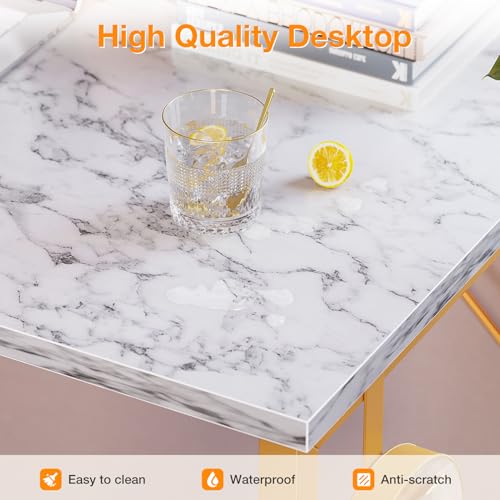 ODK Study Computer Desk 40 inch Home Office Writing Small Desk, Modern Simple Style PC Table with Storage Bag and Headphone Hook, White Marble + Gold Leg ODK