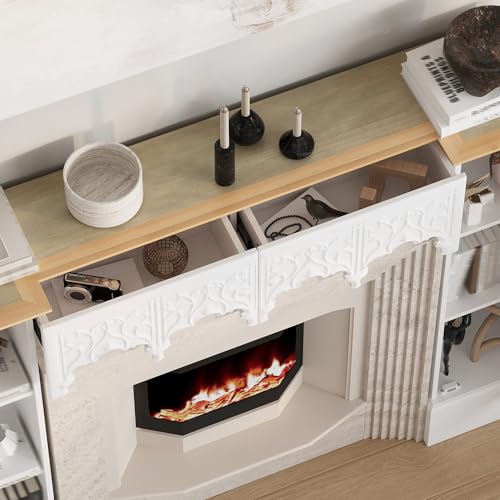 Timechee White Freestanding Electric Fireplaces Mantel Stand, Wooden Decorative Mantel Storage Cabinet with Doors and Shelves,Drawers, Fireplace Decor Entertainment Center with Storage for Living Room Timechee