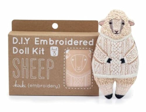 Kiriki Press DIY Embroidery Doll Kit - Skill Level 3 - Beginner to Advanced Embroidery Kits for Adults Teens (3 Skill Levels) Animal Embroidery Kit - Screen Printed Pattern (Sheep - Level 3)
