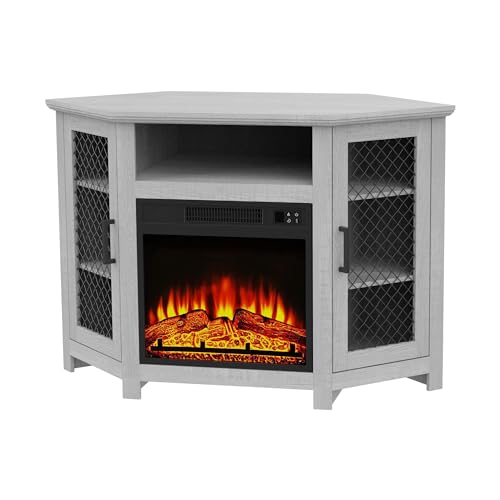 Fireplace TV Stand for TVs up to 55 Inch, 45" Corner Electric Fireplace TV Stand Farmhouse Media Console with 18" Electric Fireplace & Mesh Barn Doors, 1400W Heater with Remote Control & Timer, Grey Parrot Uncle