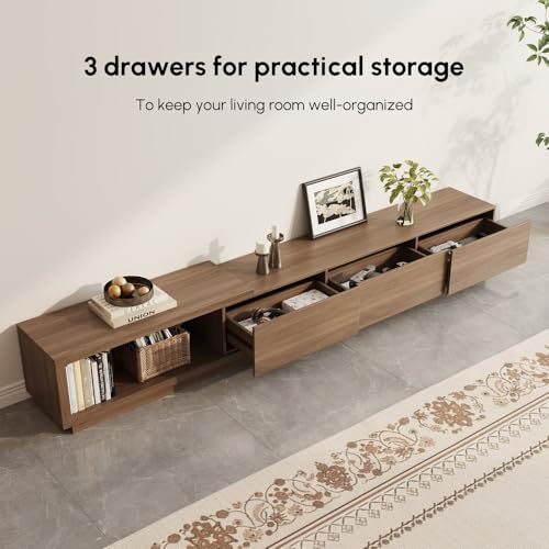 homary Extendable Walnut TV Stand – Modern Media Console with 3 Drawers, Adjustable Length (71"–100") for 80" TV, Living Room Entertainment Storage Cabinet (MDF, Walnut) homary