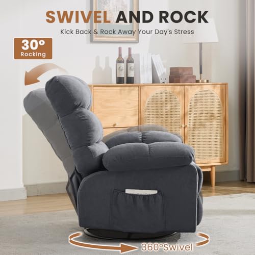Swivel Rocker Recliner Chair for Adults, 360ยฐ Upholstered Manual Recliners for Small Spaces, Single Seat Glider Reclining Chair with Side Pockets, Ergonomic Reading Chair for Living Room, RV, Bedroom