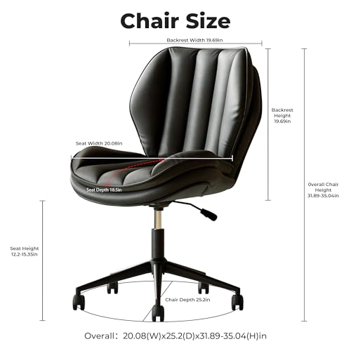 Home Office Desk Chair with Wheels, Armless Adjustable Height PU Leather Office Chair, Mid Back Ergonomic Computer Chair, Walnut Curved Seat Design No-Arm Chair (9008-Black) GAMVIETE