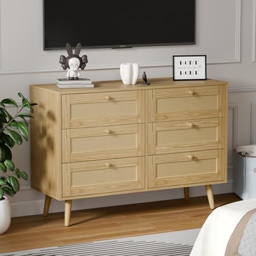 infurnic 6 Drawer Rattan Dresser for Bedroom, Modern Wooden Dresser Chest with Handles for Bedroom, Hallway and Living Room, Wood Oak infurnic