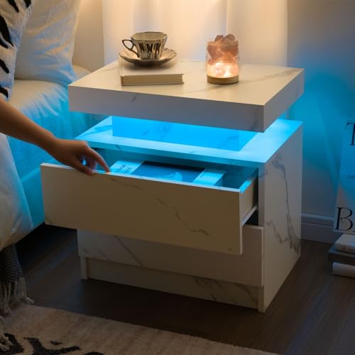 Generic Nightstand LED Bedside Table LED Cabinet LED Lights Modern End Side Table with 2 Drawers for Bedroom (White), 13D x 19W x 20H in (JCF02) Generic
