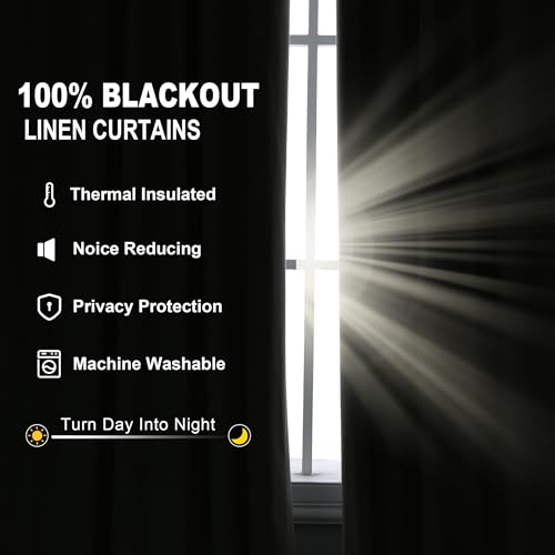 Jowels Cream Linen Blackout Curtains 108 Length 2 Panels Set for Living Room Bedroom, 100% Black Out Thermal Insulated Linen Drapes, Room Darkening Grommet Curtains 108 Inches Long Natural Beige Jowels