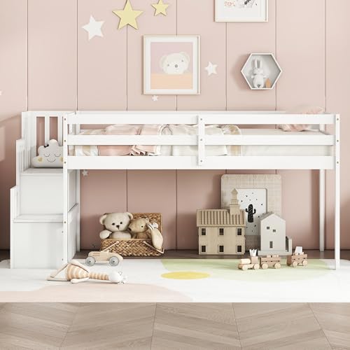 Twin Size Low Loft Bed with Stairs,Kids Loft Bed with Storage Staircase,Twin Bed Frame for Kids Boys Girls,White Bellemave