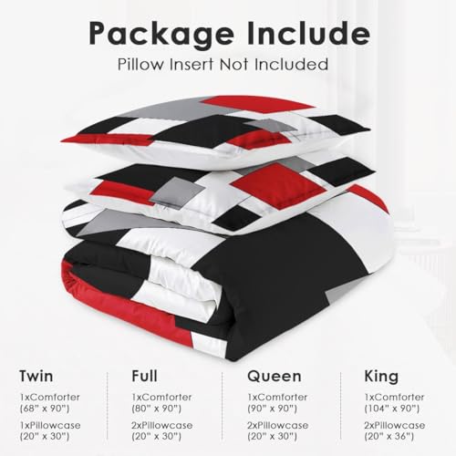 WeCozy Full Size Comforter Set with 2 Pillowcases, Black White Red Geometric Soft 3 Pcs Bedding for Kids and Adults Bedroom Bed Decor WeCozy