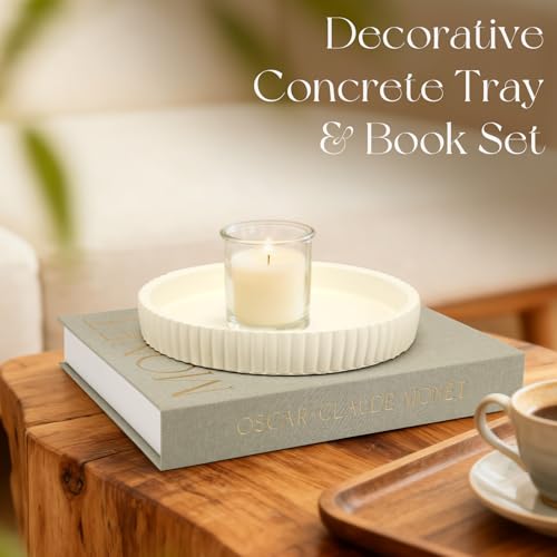 Decorative Concrete Tray & Book Set - Modern Scalloped Home Decor Tray & Linen Storage Box for Coffee Table, Bookshelf, Entryway, Console, Living Room, Housewarming Gift (White) Burutta