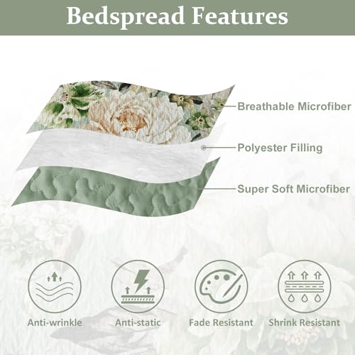 WONGS BEDDING Sage Green Floral Quilt Set King, 3 Pieces Elegant Flower Bedspread Coverlet for All Season Reversible Soft Microfiber Lightweight Quilt Bedding Set with 2 Pillow Shams 104"X90" WONGS BEDDING