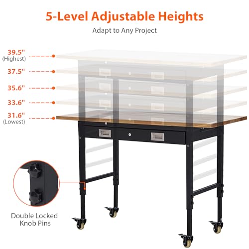 ACONEE 60" Adjustable Workbench with Drawer Storage, Heavy-Duty Worktable with Pegboard & Power Outlet, Solid Steel Frame, 2000LBs Load Capacity Rubber Wood Top Workbench for Garage, Office, Workshop ACONEE