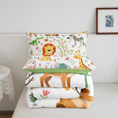 Feelyou Twin Size Cartoon Lions Giraffe Comforter Set Zoo Animals Bedding Set Flamingo Zebra Comforter for Kids Boys Girls Kawaii Animals Duvet Insert 2Pcs Feelyou