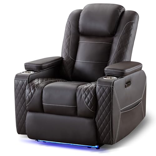 TUNYI Home Theater Recliner Chair - Power Recliner Sofa Chair with Adjustable Headrest Faux Leather Reclining Chair with USB/Storage/LED Light/Cup Holder (Brown, 1 PC)