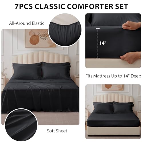 Velorose Queen Comforter Set Black - Bed in a Bag Queen Size 7 Pieces, Soft Bedding Set for All Seasons, Premium Queen Comforter Set with Comforter, Sheets, Pillowcases & Shams Velorose