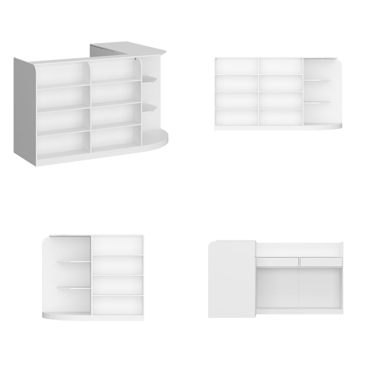 ECACAD Large L-Shaped Reception Desk with 3 Drawers, 15 Open Shelves, Counter Top & Monitor Stand, Office Desk Reception Counter Table with File Cabinet, White (70.9”L x 47.2”D x 39.43”H) ECACAD