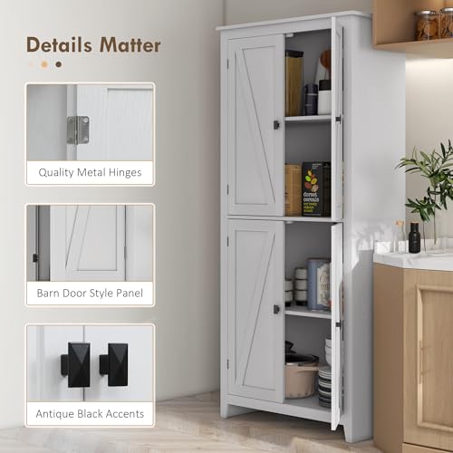 HOMCOM 72" Freestanding Kitchen Pantry Cabinet, Farmhouse Tall Storage Cabinet with 4 Door Cabinets and Adjustable Shelves for Dining Room, White HOMCOM