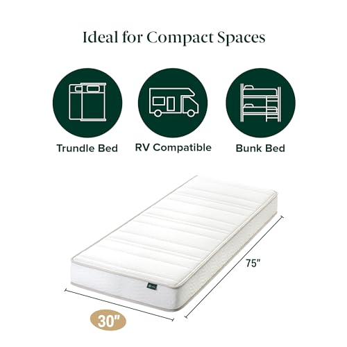 ZINUS 6 Inch Foam and Spring Hybrid Mattress, 75" x 30" (Slim Fit), Bunk Bed, Trundle Bed, Day Bed, RV Compatible, Medium Firm Feel, Fiberglass Free, CertiPUR-US Certified, Mattress in a Box Zinus
