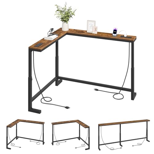 MAHANCRIS 78.7'' Narrow Console Table with Adjustable Height (24.3"-32.7") & 2 Power Outlets, Skinny Sofa Table Behind Couch, L-Shaped Long Entryway Table for Living Room, Rustic Brown CTHR820E01 MAHANCRIS