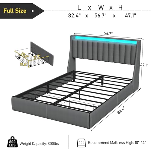 SADENICEL Full Size Bed Frame with Headboard and 2 Storage Drawers, Metal Full Bed Frame Platform with LED Light, Charging Station, No Box Spring Needed, Noise Free, Easy Assembly, Grey SADENICEL