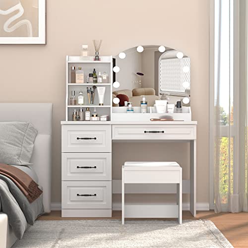 Vabches Makeup Vanity Desk with Lights and 4 Drawers, White Vanity Set Makeup Table Lots Storage, 3 Lighting Colors, Large Size 39.4in(L) Vabches