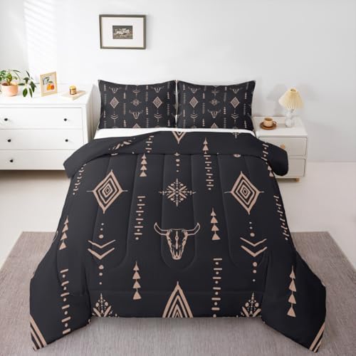 Bull Skull Comforter Set Twin Boho Bedding Ethnic Horns Bohemian Bedding Comforter Sets Black Brown Tribal Symbol Mysterious Aztec Bedroom Decor Abstract Geometric Duvet Insert for Men Boys