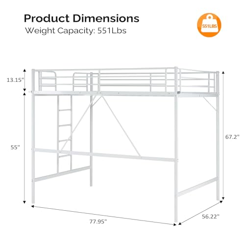Bonnlo Metal Loft Bed with Stairs and Flat Rung, Junior Bed Full Size High Loft Bed for Kids/Teens/Adults, No Box Spring Required, White Bonnlo