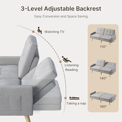 Gizoon 70.9" Sofa Bed, Futon Couch Bed with Adjustable Backrest, Modern Sleeper Sofa with Removable Armrest for Extended Length, Love Seat for Living Room, Office and Small Spaces, Apartment, Grey Gizoon