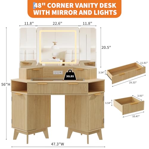 GarveeHome 48 in Fluted Makeup Vanity Desk, Large Lighted Corner Vanity with HD Triple Mirror and Lights, Dressing Table with Glass Top & Charging Station for Bedroom GarveeHome
