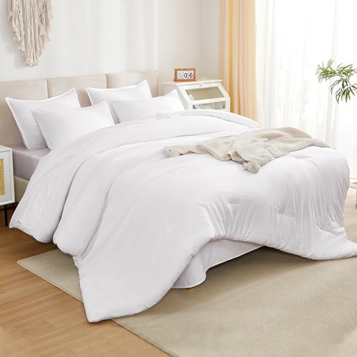 Litanika Comforter Full Size Set White - 7 Pieces Bed in a Bag Full Bedding Comforter Sets, Plain Lightweight Bed Set with Comforter, Sheets, Pillowcases & Shams Litanika