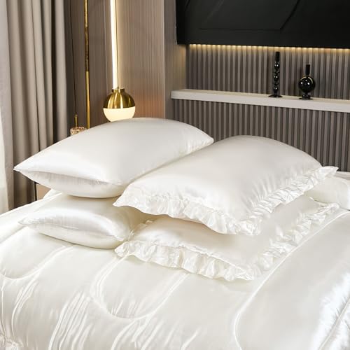 Silk Like Satin Comforter Set with Sheet Set Queen 8 Pcs White Satin Bedding Set Silky Ruffle Pattern Home Deocr Luxury Hotel Silky Bed in a Bag with 1 Cushion Cover Bedding_Dreamer