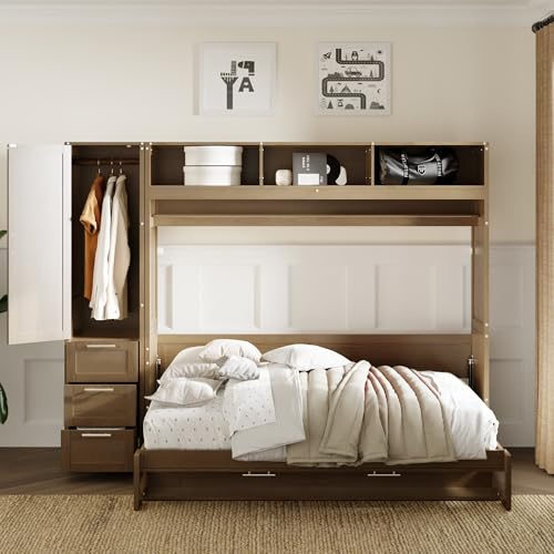 LZ LEISURE ZONE Full Size Murphy Bed, Wooden Full Cabinet Wall Bed with Closet, Drawers and Open Shelves, Antique Grey LZ LEISURE ZONE