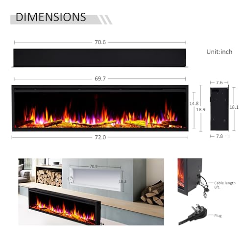 LegendFlame 72" W Smart Wall Mount & in Wall Recessed Electric Fireplace Insert, Heater 750W/1500W, Multi Colors of Flame & Fuel Bed, Alexa/Google Assistant Enabled Legend Flame