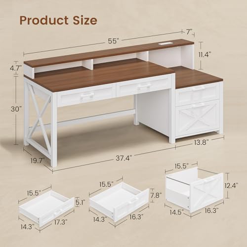 SEDETA Farmhouse Home Office Desk with File Drawer & Power Outlet, Computer Desk with 4 Drawer, Storage Shelves, Printer Cabinet and Monitor Shelf, Gaming Desk with Led Lights, White SEDETA