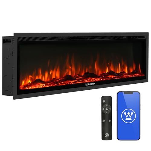 Westinghouse 50 Inch Electric Fireplace Heater, Compatible with Alexa & Google Home, Wall Mount or in-Wall Recessed Fireplace Insert, 24 Hour Timer, Color Changing Flames, 750W/1500W Indoor Heater Westinghouse