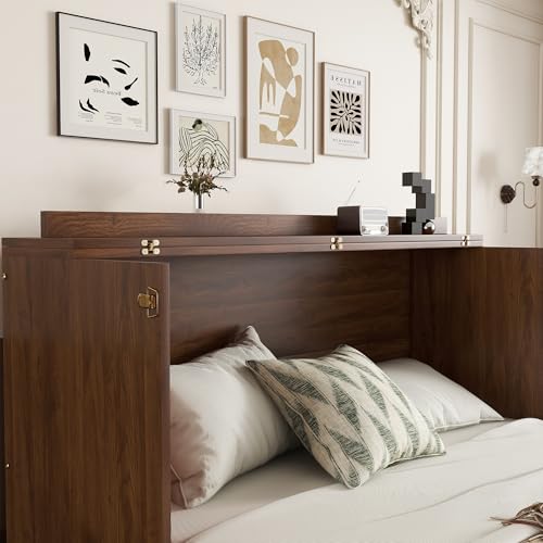 KEIKI Queen Murphy Bed Cabinet with Charging Station & Rattan Design – Space-Saving Wall Bed with Large Storage Drawer, Foldable Platform Bed for Small Rooms – Sturdy Pine Wood Construction, Walnut KEIKI