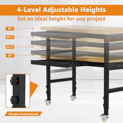 Pelnuies 48" Heavy Duty Work Bench with Drawers, Adjustable Height Workbench with Wheels, 2000 LBS Capacity Work Table with Power Outlets for Garage, Workshop, Office, Home Pelnuies