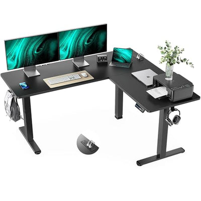 Marsail 63×55 in Electric Corner L-Shaped Standing Desk with 4-in 1 Electical Outlet, Computer Desk with Headphone Hook, Memory Sit Stand up Home Office Table, Ergonomic Gaming Table,Black