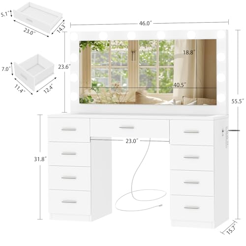 Quimoo Vanity Desk with Large Lighted Mirror and Power Outlet, 46" Makeup Vanity with 9 Drawers and Glass Desktop, Vanity Table with 12 LED Lights, 3 Lighting Color Adjustable (White) Quimoo