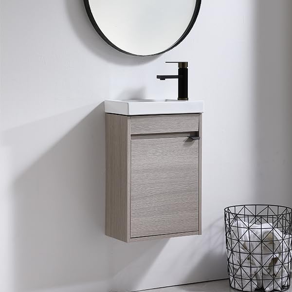 Wenore Home 16 Inch Bathroom Vanity with Sink Combo,Wall Mounted Cabinet Set for Small Space,Floating Bathroom Vanity with Sink,Small Bathroom Vanity with Forest Oak Wenore Home