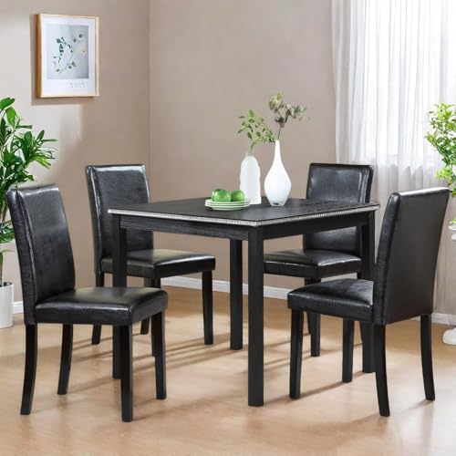 Trygoal Dining Table Set for 4, 5-Piece Dining Room Table Set with Square Crystal Decoration Table & 4 Upholstered Backrest Chairs, Counter Height Kitchen Sets with Faux Wood Grain Design, Black Trygoal