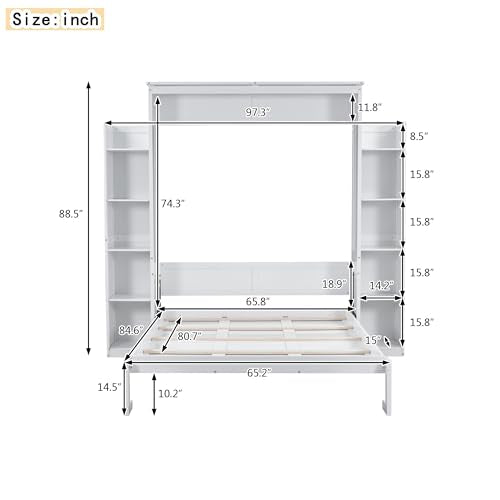 Ball & Cast Queen Size Murphy Bed Wall Bed with Shelves and LED Lights,can be Folded,Hideaway Cabinet Bed Frame W/ 2 Five-Layer Cabinets,Slat Support,for Apartment,Bedroom,Guest Room,White Ball & Cast