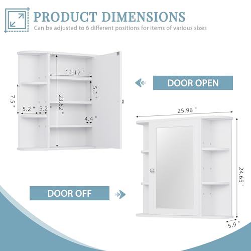 Shintenchi Bathroom Wall Cabinet with Mirror, Mounted Medicine Cabinets with 4 Internal and 6 Open Shelves, Mirrored Door Over The Toilet Storage, Solid White Shintenchi