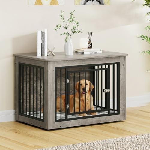 DWVO Dog Crate Furniture, 38 Inch Dog Kennel Indoor Furniture End Table for Dogs, Farmhouse Decorative Wooden Cage, Chew-Resistant, Grey DWVO